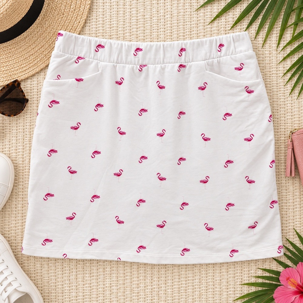 Kim Rogers Skort Size L White Pink Flamingo Print Pockets Golf Resort Preppy